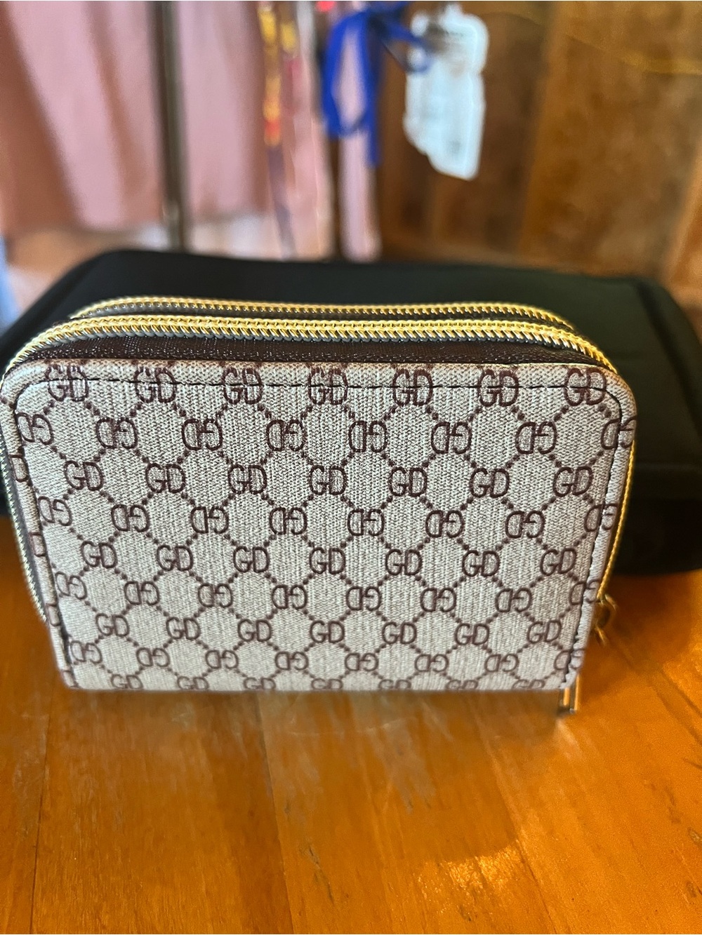 Designer-Inspired Beige/Brown Monogram Zip Wallet